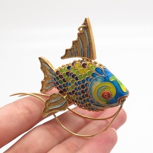 Authentic 925 Sterling Silver Gold Plated Antique Enamel Chinese Koi Fish Articulated Fob