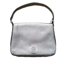 Tory Burch Robinson Metallic Iridescent Silver Saffiano Crossgrain Flap Purse