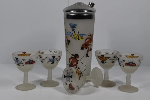 Vintage Federal Glass Native American Gay Fad Cocktail Shaker 5 Glasses MCM Bar