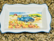 Vintage Fall Harvest Truck Stoneware Rectangular Baker Dish 13x8 Blue Rim