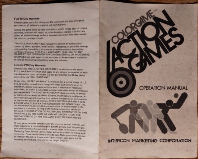 Vintage Manual for 1976 Color Game Action Games INTERCON Marketing Corporation