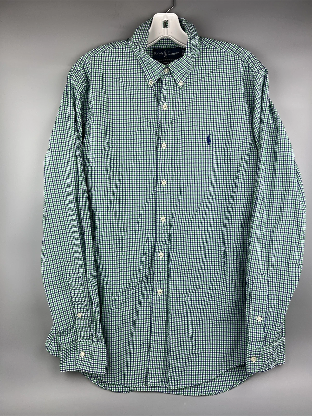 Ralph Lauren Plaid Long Sleeve Button Up Custom Fit Shirt Cotton L Green & Blue