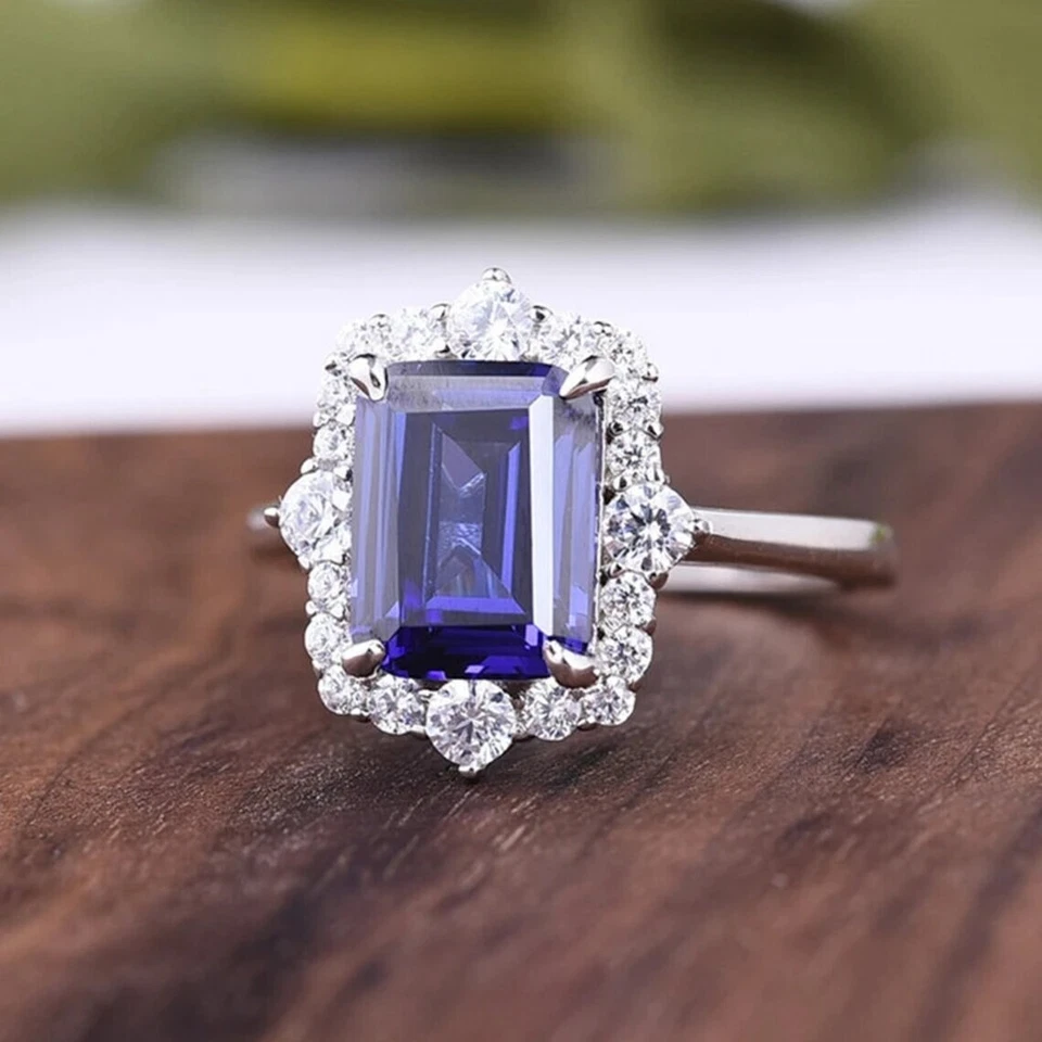 4 Kt Smaragd Blau Diamant Trauring Hochzeit Ring Verlobungsring Weißgold-Finish - Bild 2 von 4