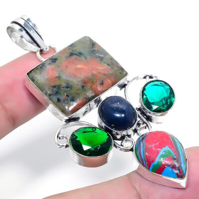 Unakit Jaspis, Lapis Edelstein 925 Sterling Silber Geschenk Schmuck Anhänger 2,76'' U7