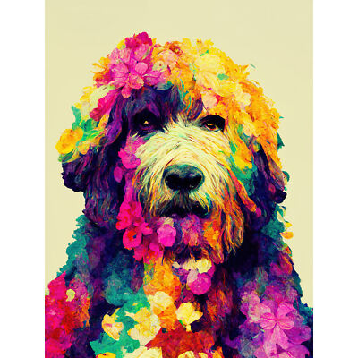 Lebendige Blumen Labradoodle Hund Portrait Wandbild Leinwand Bild Druck 18X24