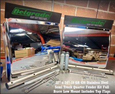 22''x24'' 18GA Stainless Steel Semi Truck Quarter Fender Kit FULL Brace Low Mount