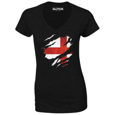Torn England Damen-T-Shirt mit V-Ausschnitt englisch stolzer Unterstützer Sport Weltmeisterschaft
