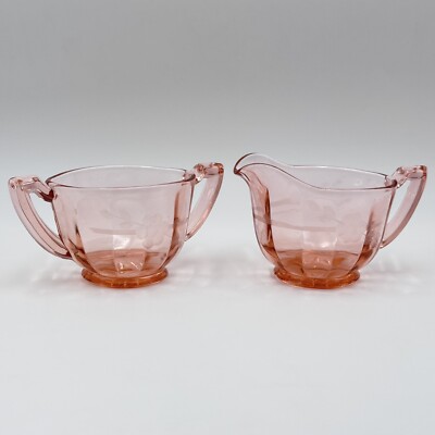 Vintage 1930s Pink Etched Floral Cut Glass Sugar & Creamer