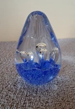 Greenbrier Clear Glass Paperweight With Ocean Blue Bottom & Controlled Bubbles 