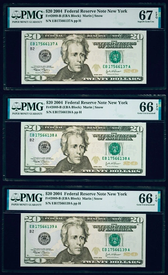 $20 2004 Federal Reserve Note New York "3 consecutive #66-67 " PMG 66-67 EPQ - Image 3 of 3