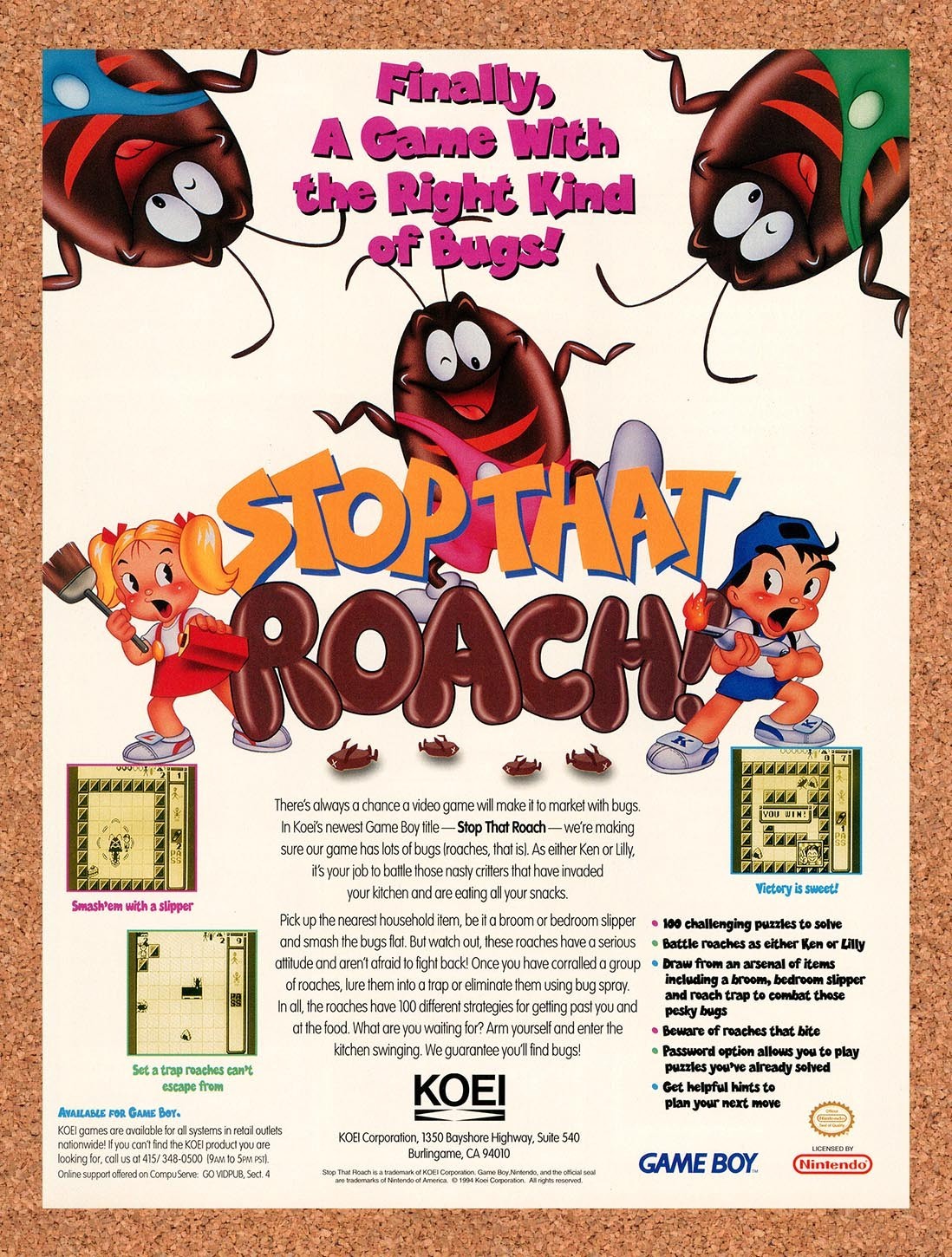 1994 Stop That Roach Game Boy Original Advertisement / Retro Promo v1