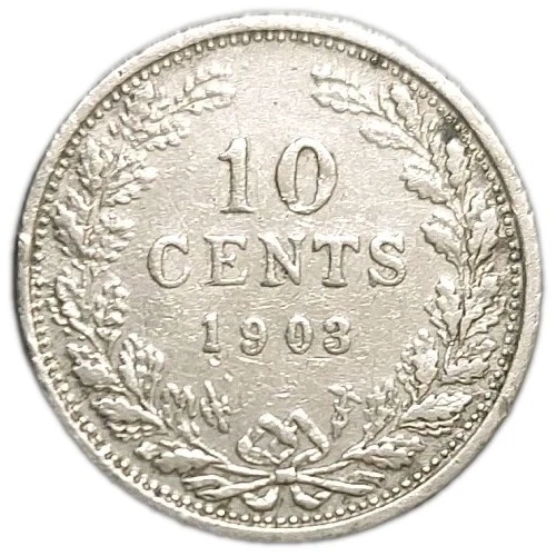 1903 Netherlands 10 Cents Old Silver XF+ Cleaned Coin Queen Wilhelmina KM 135 - Image 2 of 3