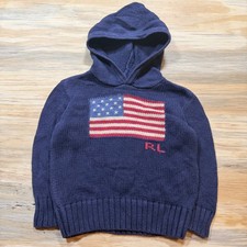 Polo Ralph Lauren Kids Navy Blue American Flag Knit Hoodie Sweater 2T Cotton