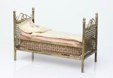 Antique German Dollhouse Gild Filigree Metal Bed with Original Bedding Miniature