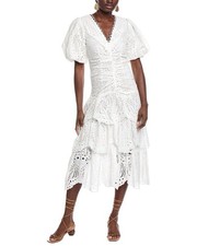Farm Rio Eyelet White Cotton Lace-Up Midi Dress Size XS Puff Sleeves NWT