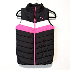 Puma Girls Puffer Vest M 10/12 Black Pink Chevron Quilted Full Zip Warm