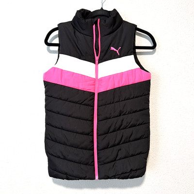 Puma Girls Puffer Vest M 10/12 Black Pink Chevron Quilted Full Zip Warm