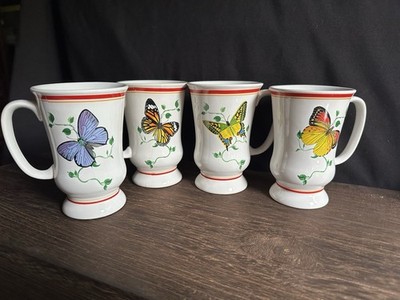 Vintage B.I. Inc. Monarch Butterfly and Ivy Pedestal Coffee Mugs