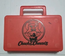Vintage Chuck E Cheese Red Lunch Pencil Box RARE Whirley Industries 7.5 x 4.5"