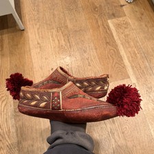 Antique Hand-Tooled Leather Slippers with Pompoms - Moroccan Babouches