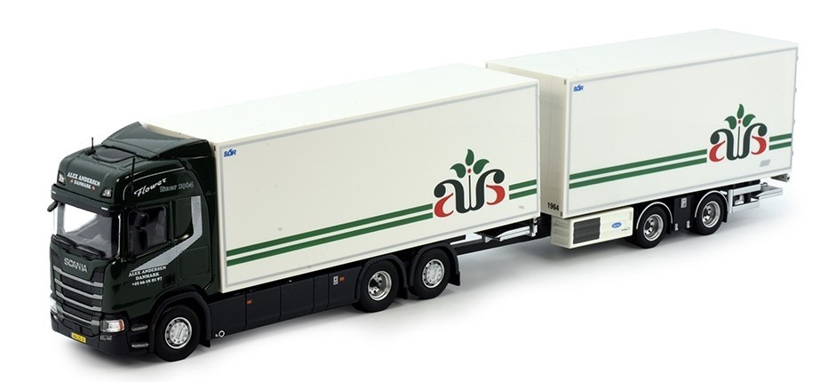 Scania R Highline 6x2 Tekno 1/50 maquette camion Alex Andersen avec remorque 2 essieux