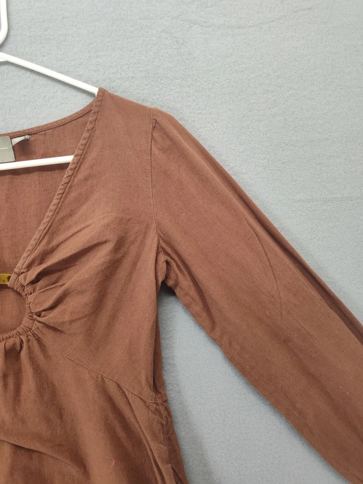 ASOS Dress Womens 4 Brrown Long Sleeve Linen Blend Boho Circle Ring Detail Mini - Image 3 of 4