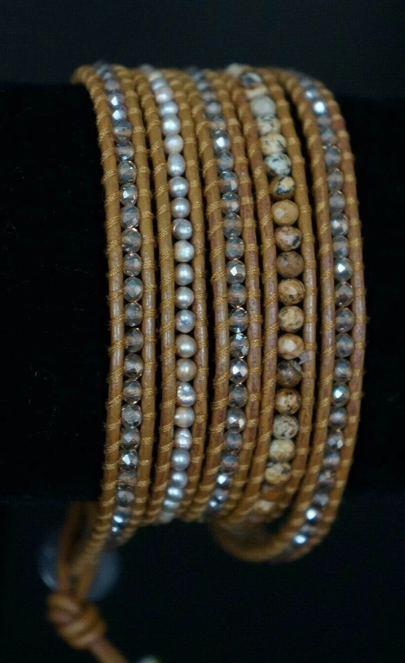NEW Chan Luu Crystal Pearl Jasper Semi Precious Stone Silver 5 Wrap Bracelet Foto 3 de 4