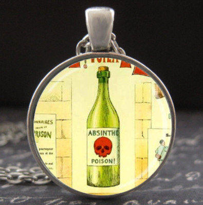 Absinthe Necklace Antique Silver Vintage Poison Ephemera Advertising Art Jewelry