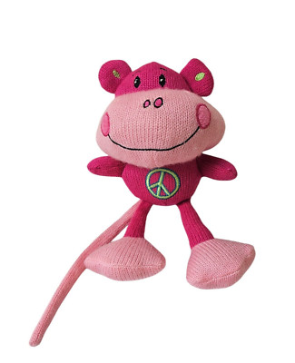 Vtg Dan Dee Pink Knitted Beanimal Monkey Peace Sign Stuffed 10'' Plush Toy 2010