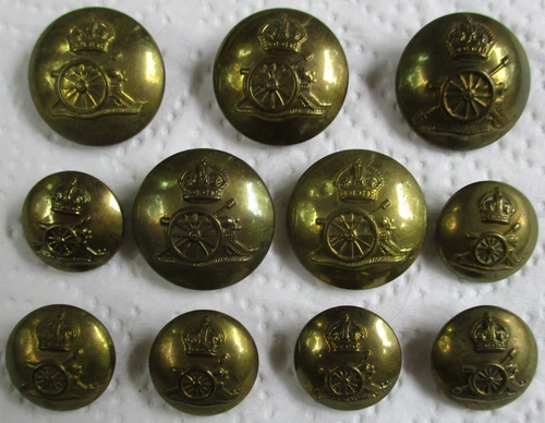 Set 11x British Army:"ROYAL ARTILLERY BRASS BUTTONS" (23mm-16mm, RA, WW1 Era)