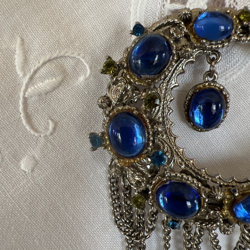 Vintage Blue Moonstone Style Silver Tone Crescent Moon Rhinestone Pin Brooch 3” - Picture 3 of 19