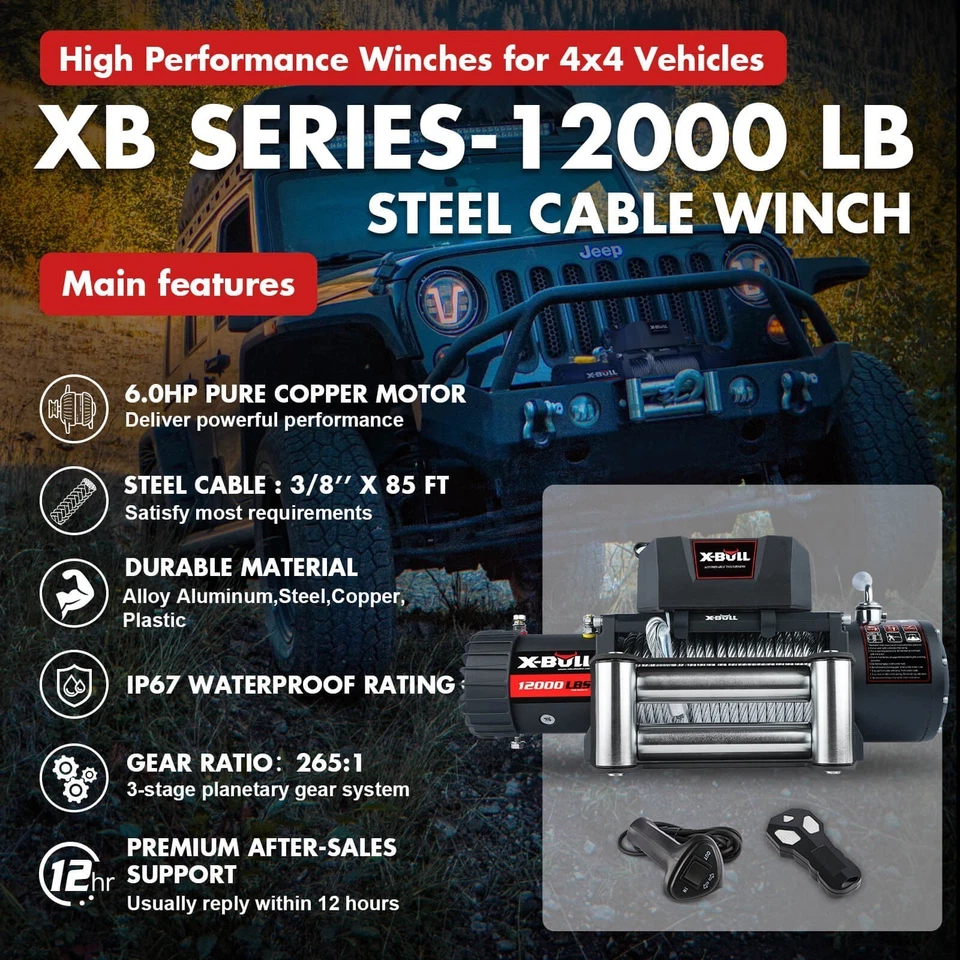 X-BULL Electric Winch 12000lb W/Steel Cable Trailer Towing For Truck SUV 4WD Foto 2 de 4