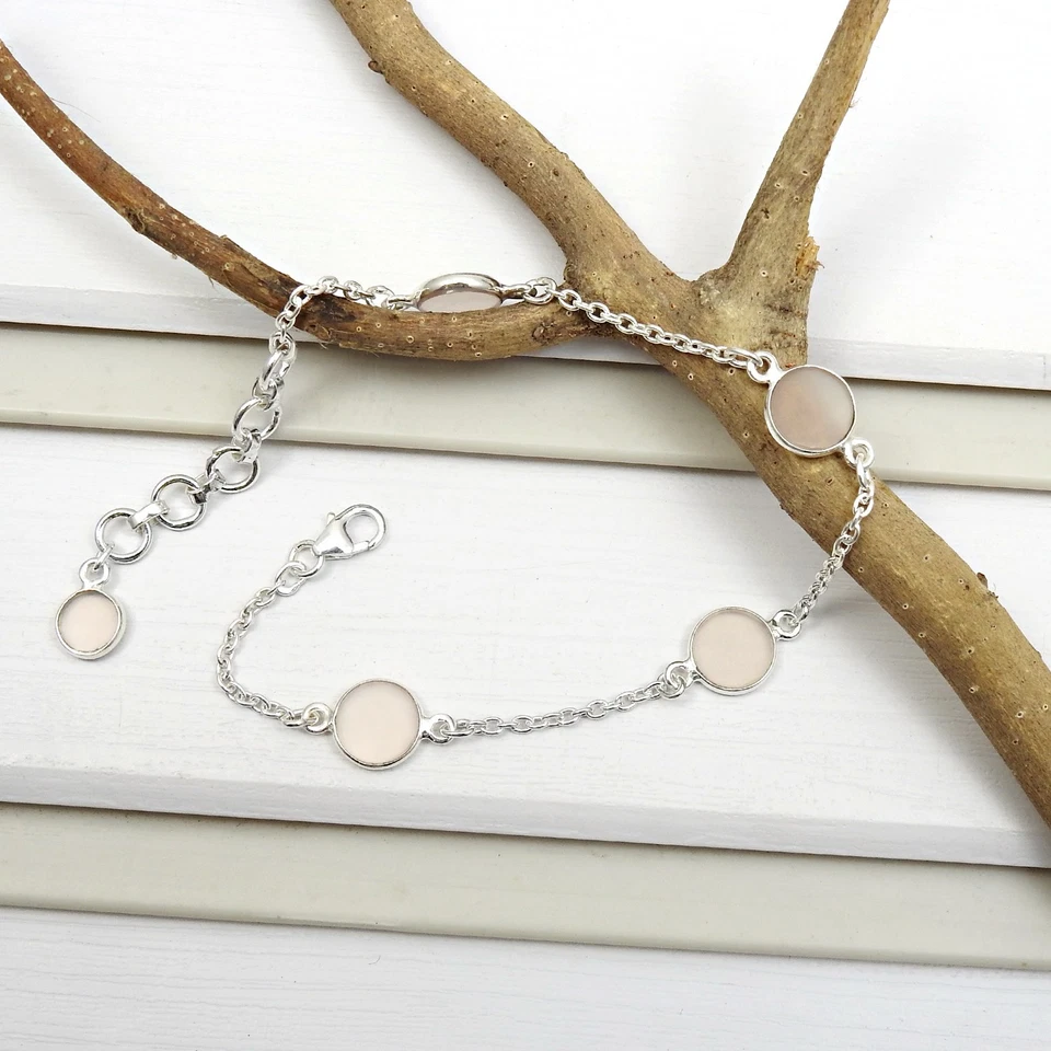 Pulsera de cadena de piedras preciosas de cuarzo rosa natural de plata de ley 925 regalo de Navidad Foto 4 de 4