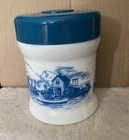 Vintage Milk Glass Tobacco Canister Jar with Blue Plastic Lid