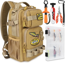 Compact Fishing Sling Backpack with Tackle Box and Tool Set - Khaki