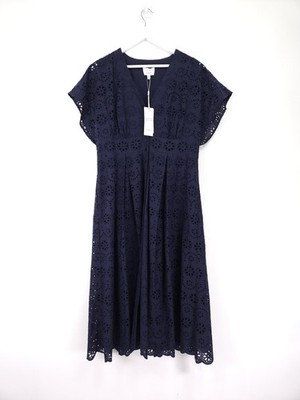 Hobbs Morrab Dress Size 14 Navy Blue Broderie Anglaise Cotton Midi Fit Flare