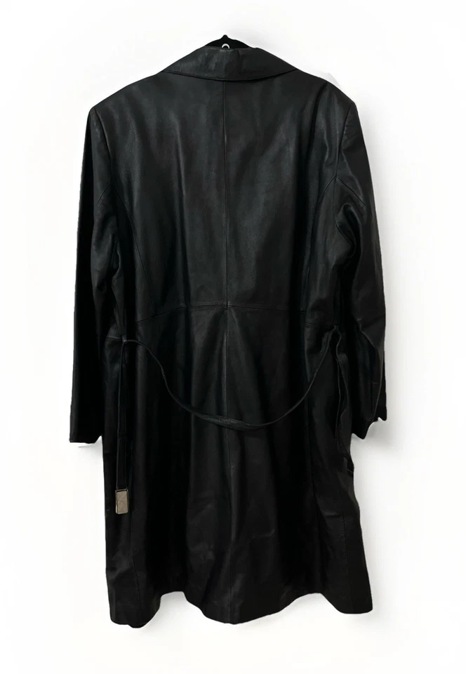 复古 Y2K Venezia L 黑色皮革外套纽扣腰带 Maxi Chic 大衣 — 第 4/4 张图片