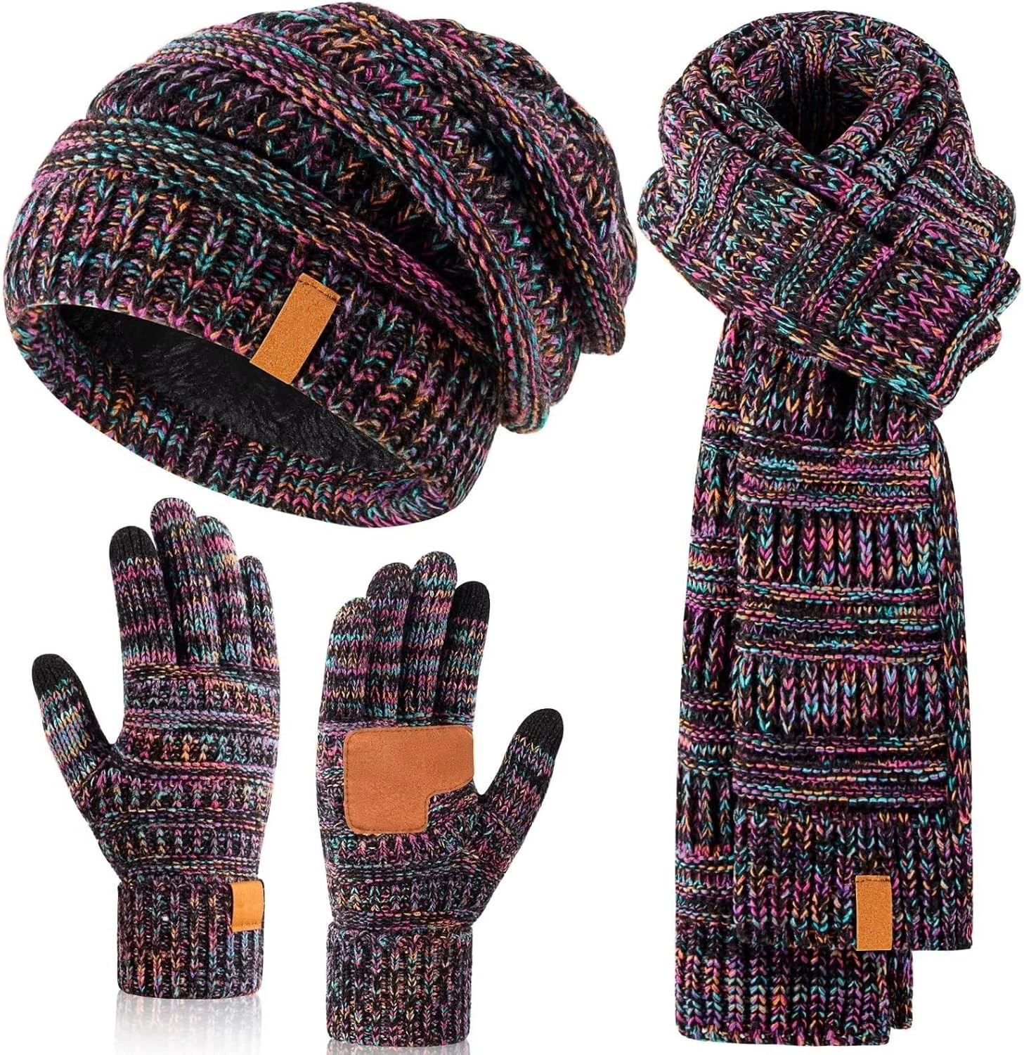 Winter Beanie Hat Scarf Gloves Set for Women, Slouchy Beanie Long Scarf Touchscr
