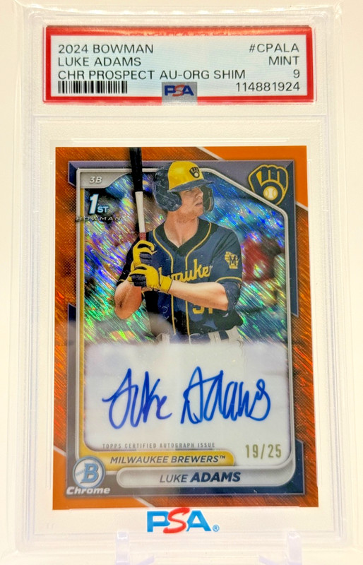 2024 Bowman 1st Chrome ORANGE SHIMMER REFRACTOR AUTO/25 Luke Adams PSA 9