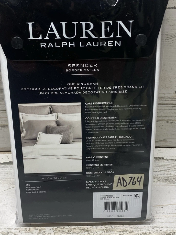 Ralph Lauren Spencer Cotton Sateen Border King Sham White / Flax New - Image 3 of 4