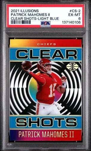 2021 PANINI ILLUSIONS CLEAR SHOTS LIGHT BLUE PATRICK MAHOMES II 152/299 PSA 6