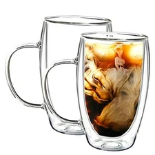  2 Pack Glass Coffee Cups, Double Wall Thermo Insulated Coffee Cups, 15 Ounce
