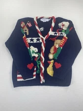 Vintage The Eagles Eye Cardigan Hand Knit Medium Nutcracker USA Flag Teddy Bear