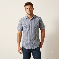 Plains Western Wear Blue Striped Shirt Snap Front XL Two Pockets Rancher Cowboy