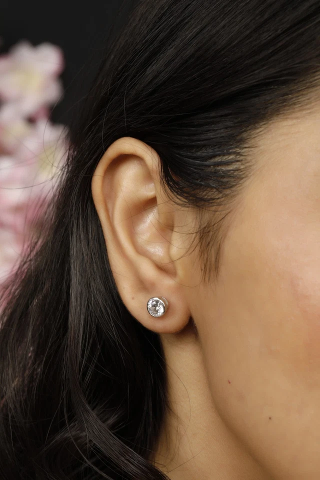 2 Ct Round G VS1 Lab Grown Diamond Stud Earrings Bezel Set 14k White Gold - Image 2 of 4