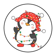 30 CHRISTMAS ENVELOPE SEALS LABELS STICKERS 1.5" ROUND CUTE PENGUIN LIGHTS