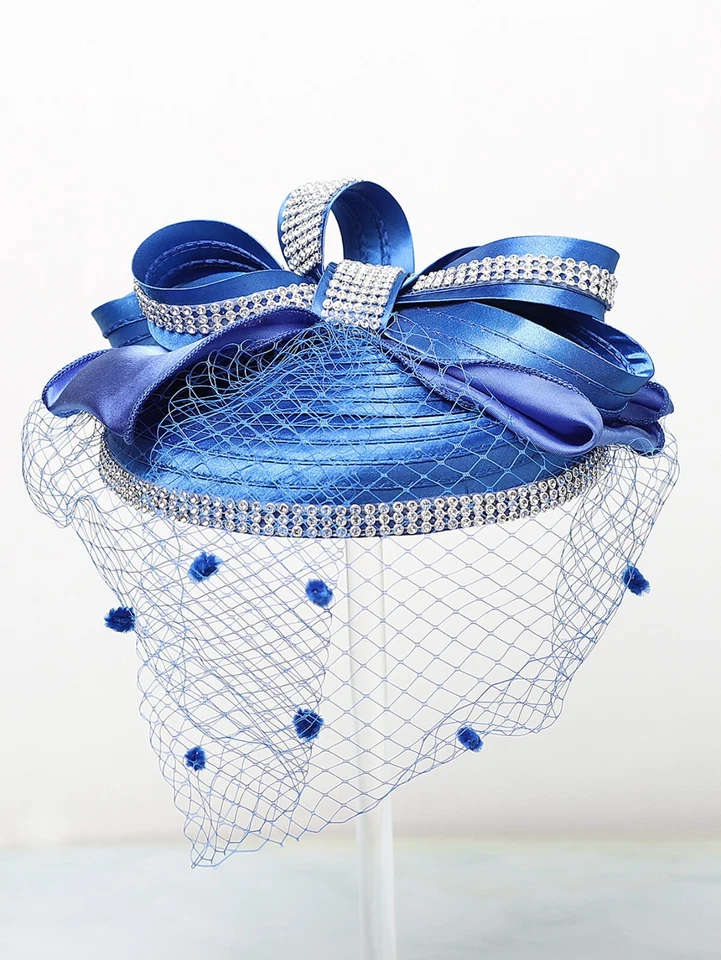 Королевский синий Fascinator шляпа для женщин Derby вечеринки Pillbox шляпы с бантом вуаль - Изображение 2 из 4