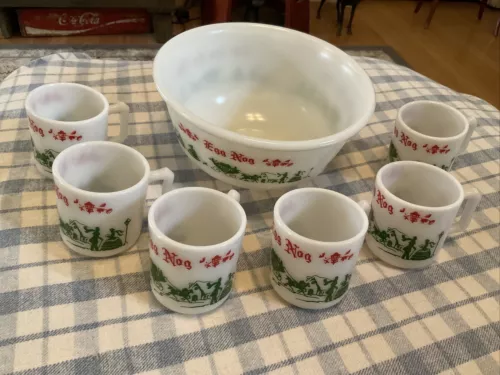 Vintage Hazel Atlas MILK GLASS Egg Nog Bowl with (6) Matching Mugs 1950s