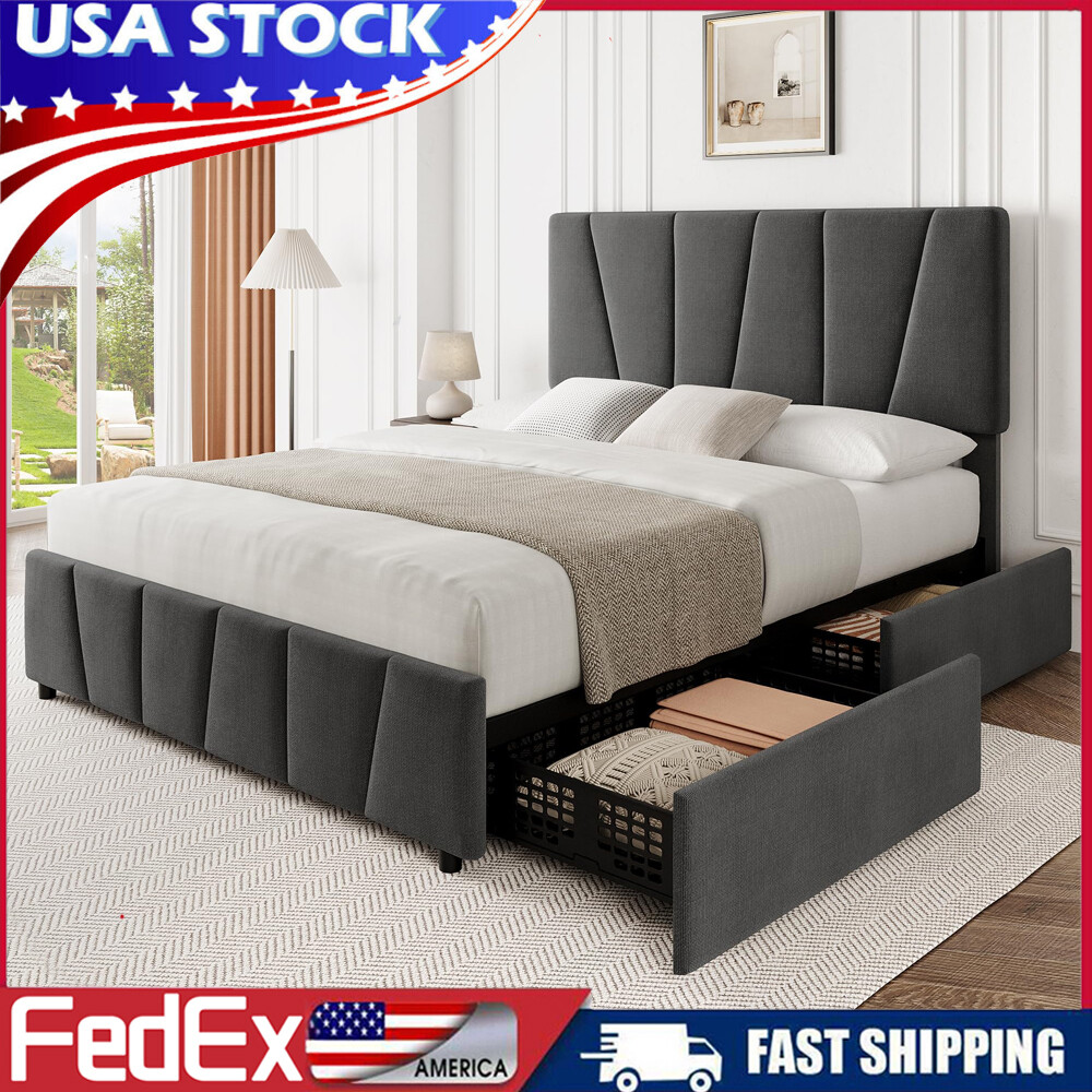 ツインフルクイーンサイズベッドフレーム収納引き出し装飾調節可能なヘッドボード