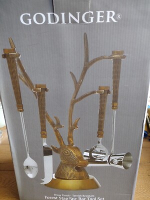 Godinger Forest Stag 5 Piece Brass Finish Bar  Tool Set Fall  RARE New In Box
